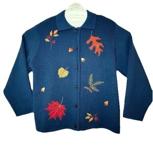 Halloween Fall‎ Sweater Women XL Navy Blue With Colorful Leaves Sz XL Acrylic